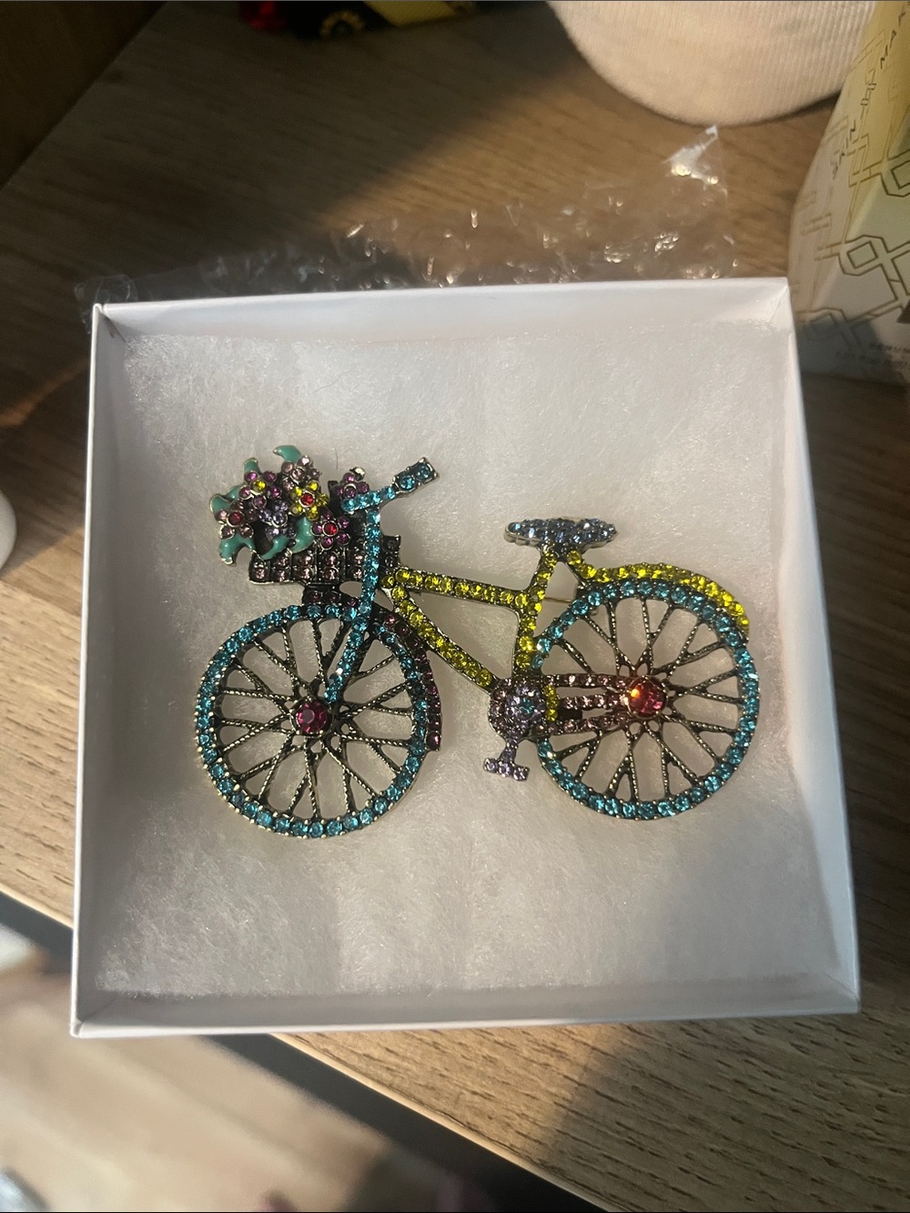 Rhinestone Bicycle Brooch in Blue and Yellow